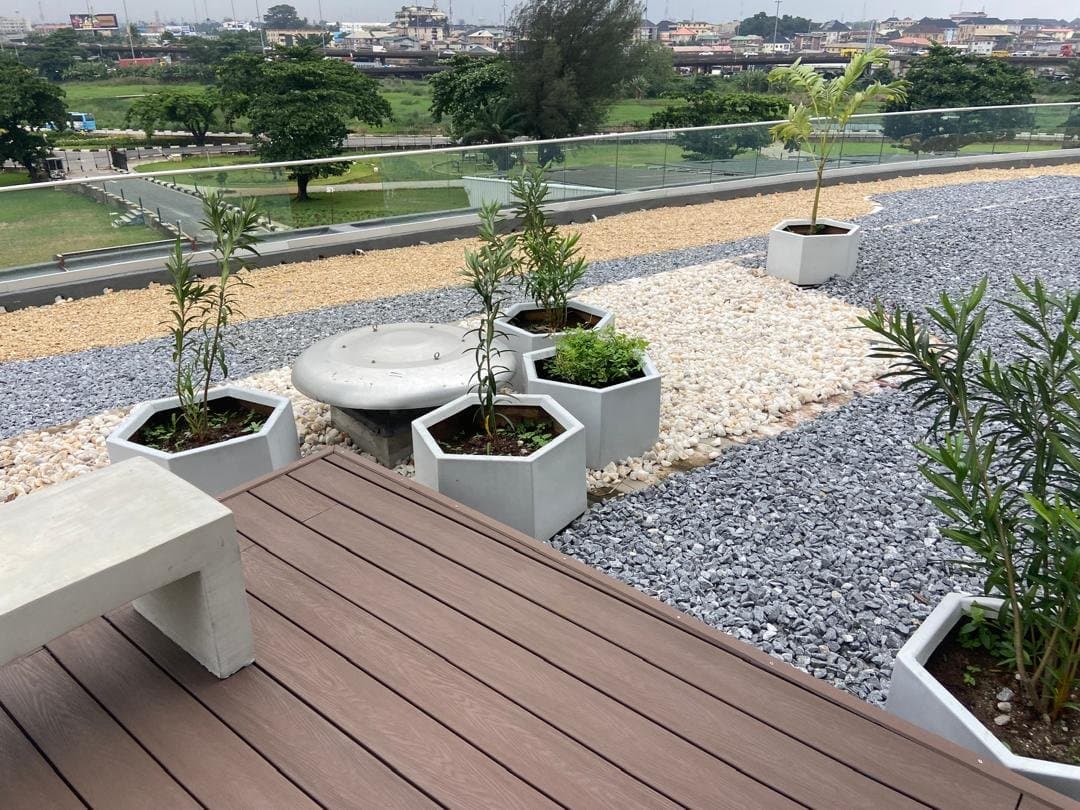 National Theatre landscaped walkway with the Lagos skyline in the background