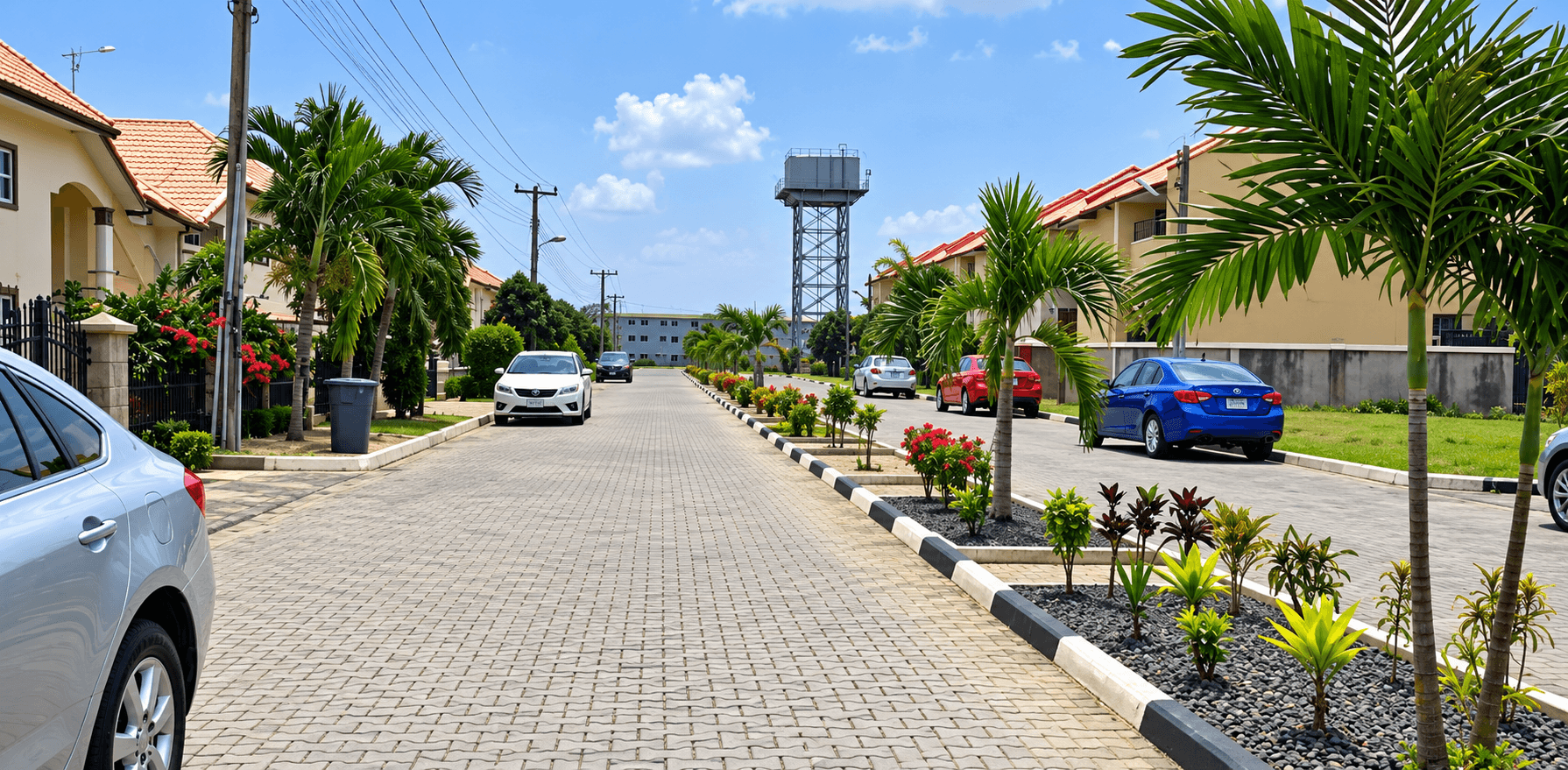 Palm-lined estate road landscaped by Landfairy Global Investment Ltd at Golden Park Estate, Ajah